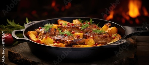 Cooked pork with caramelized apples and nuts in a cast iron pan. photo