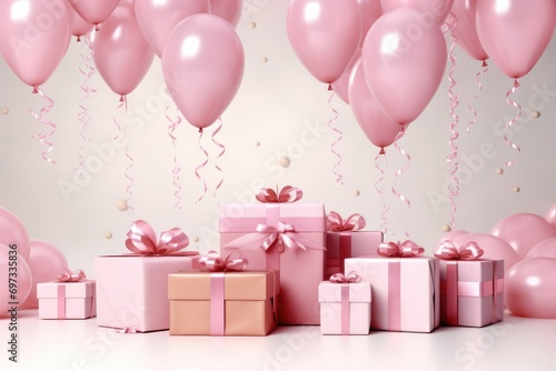 Pink balloons and gift boxes on white background. 3d render of birthday background with gift box, balloons and confetti, AI Generated © Tanu