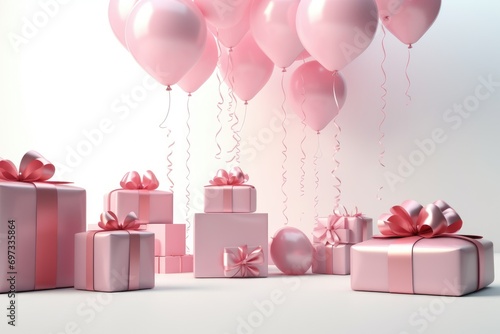 Pink balloons and gift boxes on white background. 3d render of birthday background with gift box, balloons and confetti, AI Generated