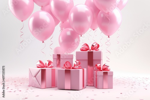 Pink Balloon background Decoration with gift boxes on white background. 3d render of birthday background, AI Generated