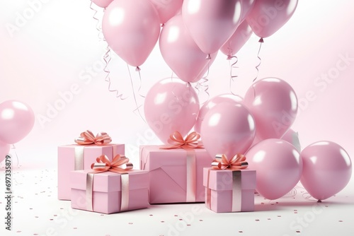 Pink Balloon background Decoration with gift boxes on white background. 3d render of birthday background, AI Generated