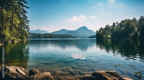 The background of a lake with mountains and trees is beautifully captured in a panoramic shot.