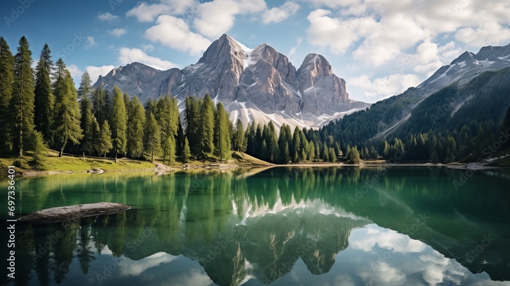 The background of a lake with mountains and trees is beautifully captured in a panoramic shot.