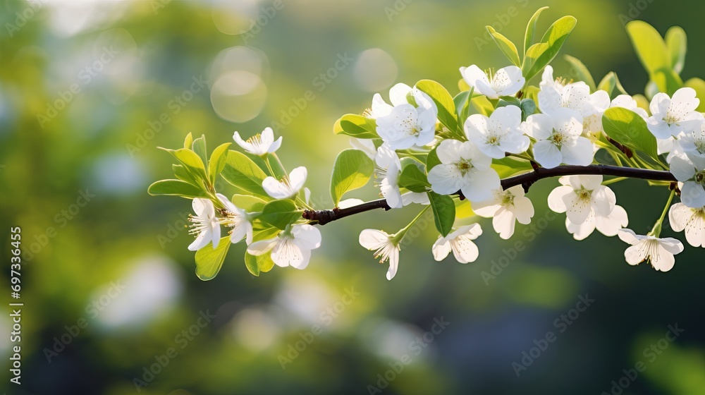 The background of this tree is blurry and features flowers and green leaves