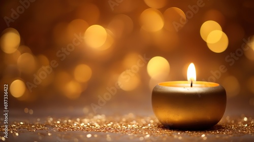 A burning orange candle with a background of bokeh light behind it. generative AI