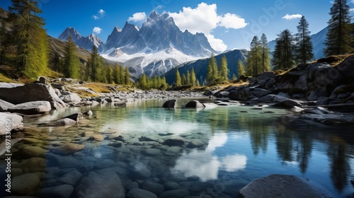 The breathtaking scenery includes a lake in a forest and stunning high rocky mountains