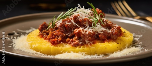 Italian polenta alla sarda with meat ragu and pecorino served on a ceramic plate. photo