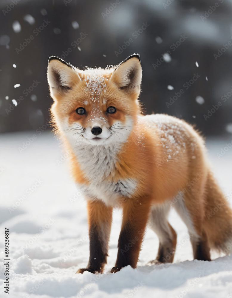 Playful cute baby fox outside in snow Playful cute baby fox outside in snow