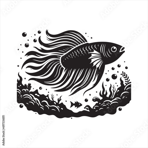 Marine Sonata: Ethereal Fish Silhouette, a Dance of Fins in the Subdued Shadows Below
