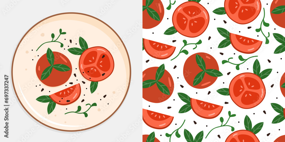 Flat vector whole and slice of tomato pattern Flat vector whole and slice of tomato pattern