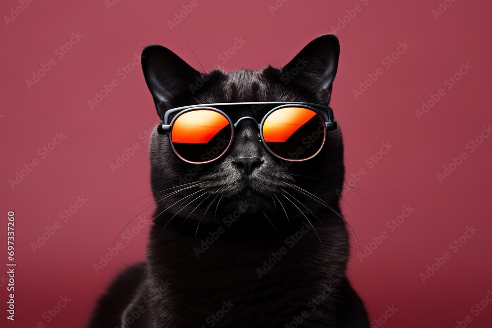 Black cat wearing black shirt and glasses
