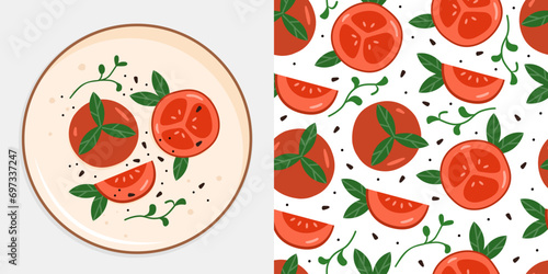 Flat vector whole and slice of tomato pattern