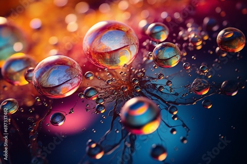 : A burst of bubbles rising in water, each bubble reflecting surrounding colors