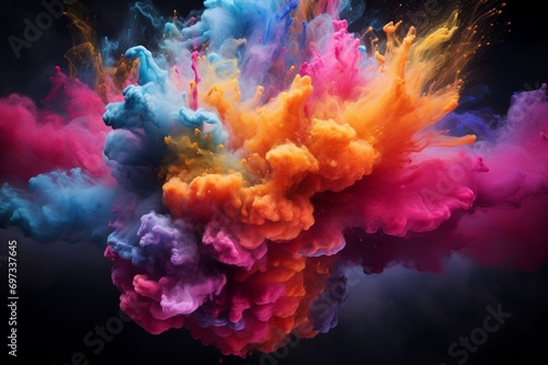 : A burst of colorful powder exploding against a dark background, creating a vibrant cloud