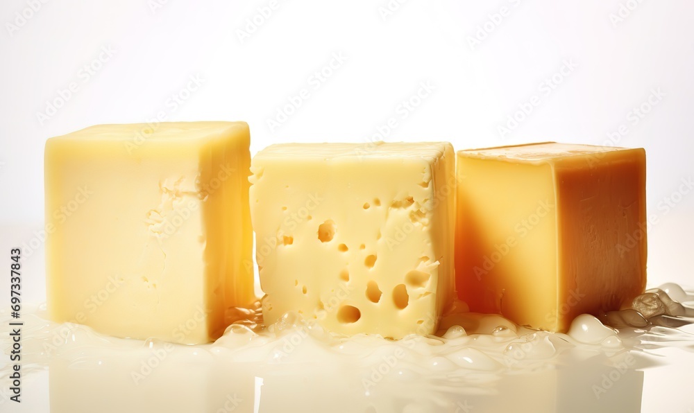 hollow cheese slices on white background. generative AI - obrazy, fototapety, plakaty 