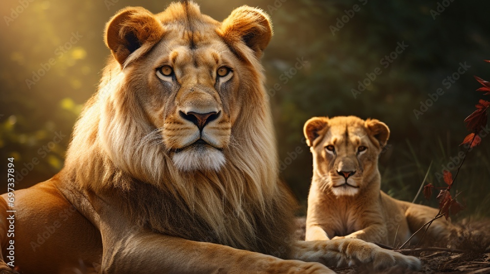 A close-up of a lioness sitting attentively while a lion looks on with a calm and watchful demeanor. A close-up of a lioness sitting attentively while a lion looks on with a calm and watchful demeanor.