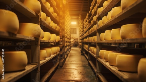 piles of expensive parmesan cheese in a cheese factory. generative AI photo