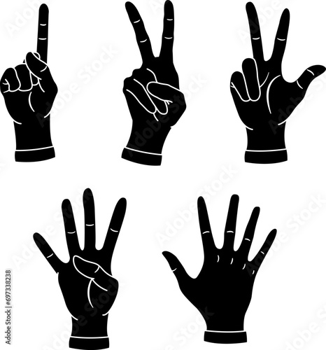 Black Icons of Hands Showing Numbers. Vector Cartoon Hands Counting from One to Five. Vector illustration