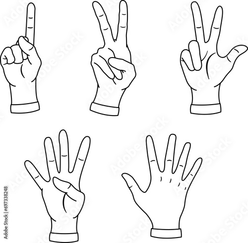 Hands Showing Numbers for Coloring Book. Vector Cartoon Hands Counting from One to Five. Vector illustration