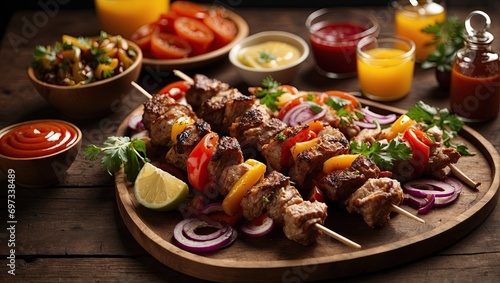 Delicious Turkish kebab on wood, shish kebab with vegetables, Grilled Turkish Meat Delight