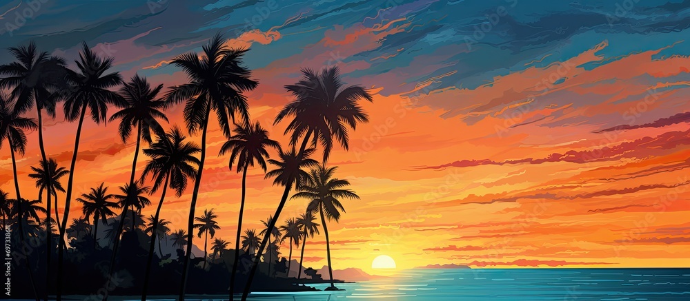 Tropical sunset with palm trees and sky.