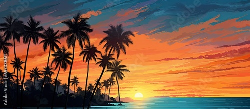 Tropical sunset with palm trees and sky.