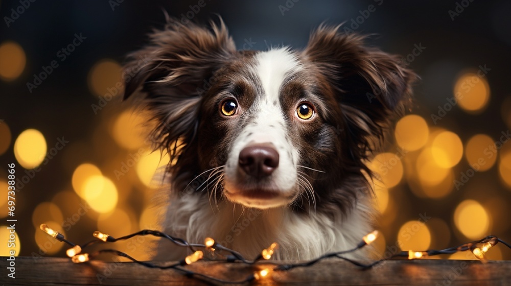 A cute dog wrapped in twinkling Christmas lights with a copy space for text. A cute dog wrapped in twinkling Christmas lights with a copy space for text.