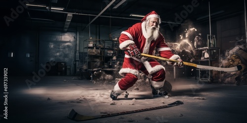 Santa Claus is playing ice hockey.