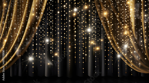 Golden curtains  shiny stars  glowing dots  black background  elegant  draped  sparkling lights  luxurious  stage  festive