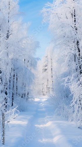  snow covered road in winter forest. Walk in winter woods, unusual snow road or forest trail footpath. The snowy forrest path way. Winter snowy landscape