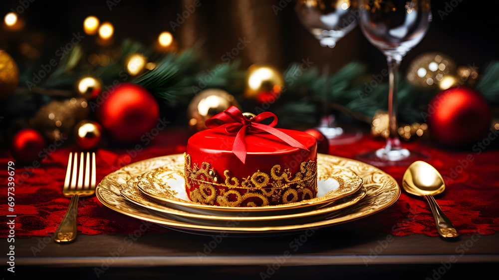 red gift-shaped cake with a gold pattern and ribbon, on elegant plates with a fork and spoon, Christmas decorations and lights in the background