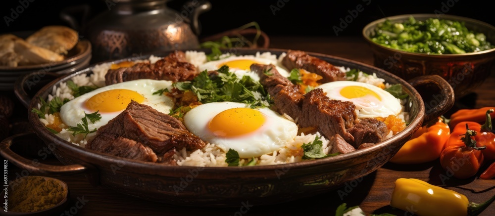 Uzbek dish with rice, meat, vegetables, eggs, and kazy served in a buffet or self-service restaurant.