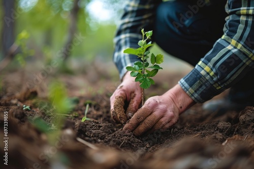 A man plants a young tree in the ground. There is no face in the photo, only hands, a close view. Free space. The concept of caring for nature, landscaping