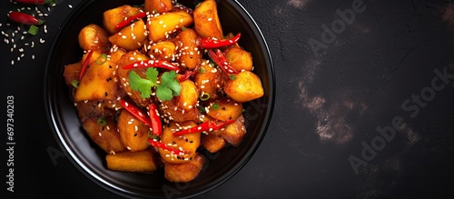Indo-Chinese Honey Chilli Potatoes in black bowl on dark slate table top, viewed from above with space for text.