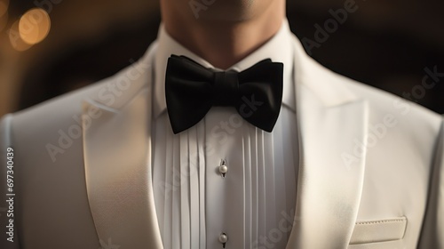 Closeup of Black bow on white tuxedo jacket for men's wedding, Elegant gentlemen groom luxury lifestyle fashion photo