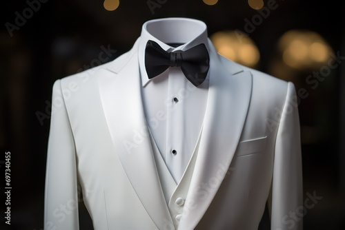 Closeup of Black bow on white tuxedo jacket for men's wedding, Elegant gentlemen groom luxury lifestyle fashion photo