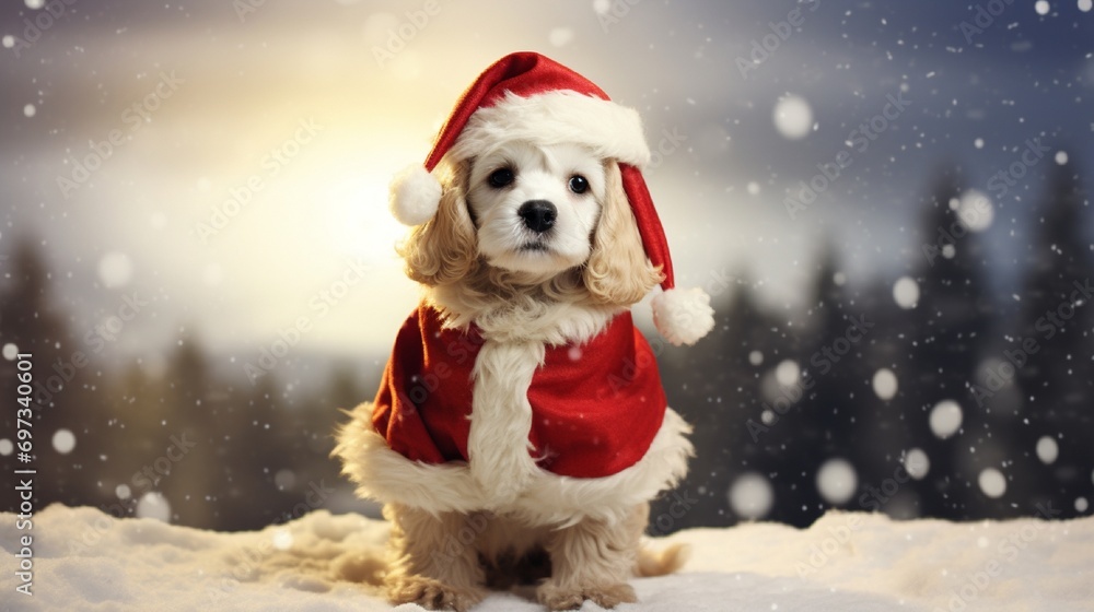 A dog dressed as Santa Claus, standing in a snowy landscape with room for festive text.