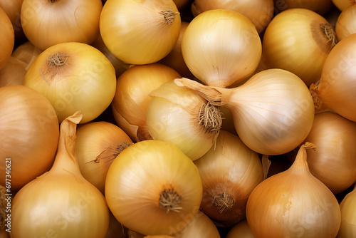 A close-up of numerous yellow onions with dry  papery skins  filling the frame with their golden tones. High quality illustration.