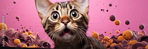 Funny Bengal Cat On Pink Background, Comic background, Background Banner