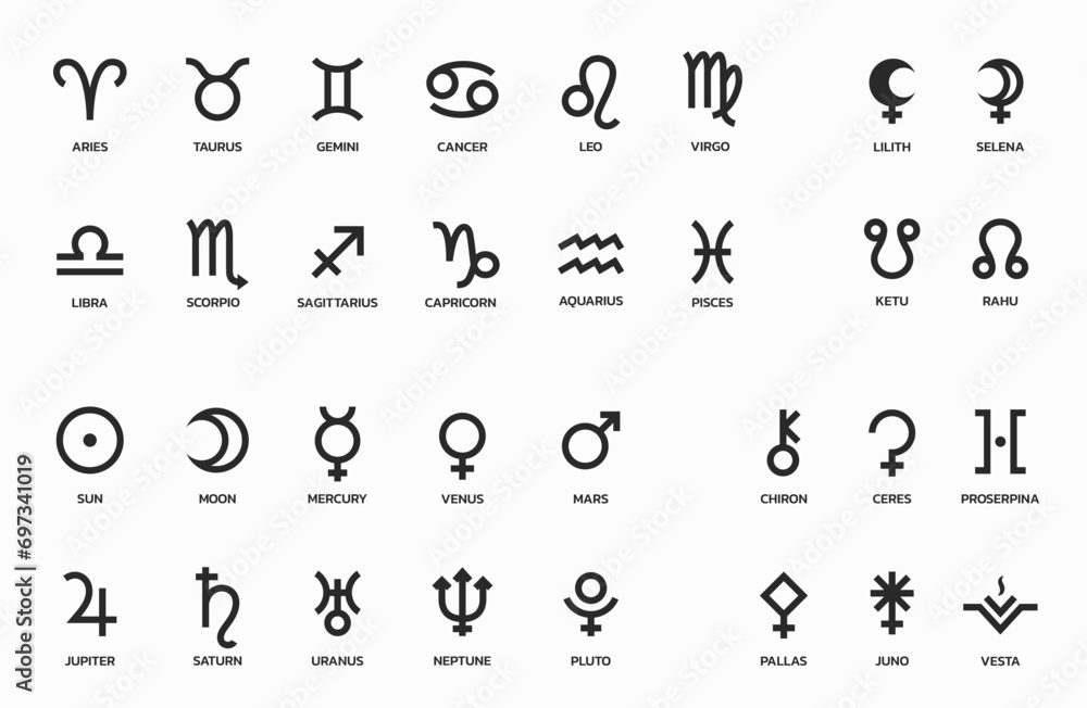 astrology symbol set. zodiac signs, planet, asteroid and lunar symbols. horoscope and astronomy icons. vector images - obrazy, fototapety, plakaty 