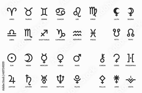 astrology symbol set. zodiac signs, planet, asteroid and lunar symbols. horoscope and astronomy icons. vector images photo