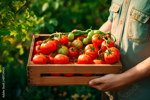 The farmer is holding a wooden box with tomatoes. Fresh farm products © zamuruev