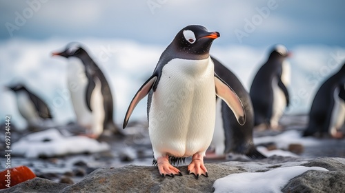 A close-up shot of adorable gentoo penguins standing on rough sand.