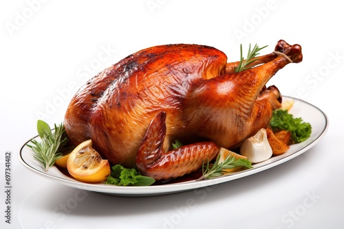 The roast chicken in the photo has a white background decorated with rosemary and orange leaves.