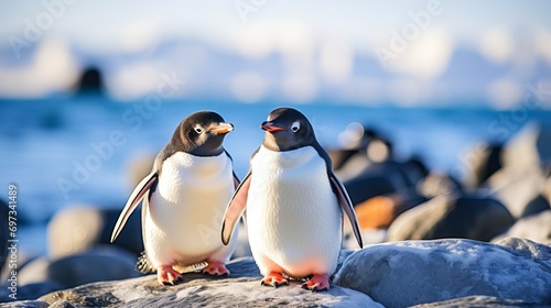 A close-up shot of adorable gentoo penguins standing on rough sand. photo