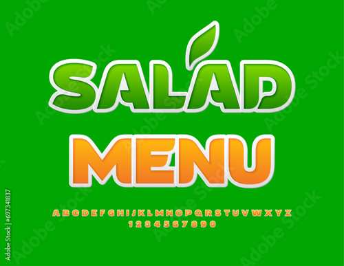 Vector eco template Salad Menu. Sticker style Font. Stylish trendy Alphabet Letters and Numbers.