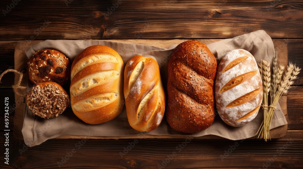 Bread assortment on wooden background. Top view 