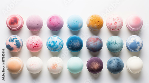 galaxy bathbombs pattern, pastel colors, flatlay photo