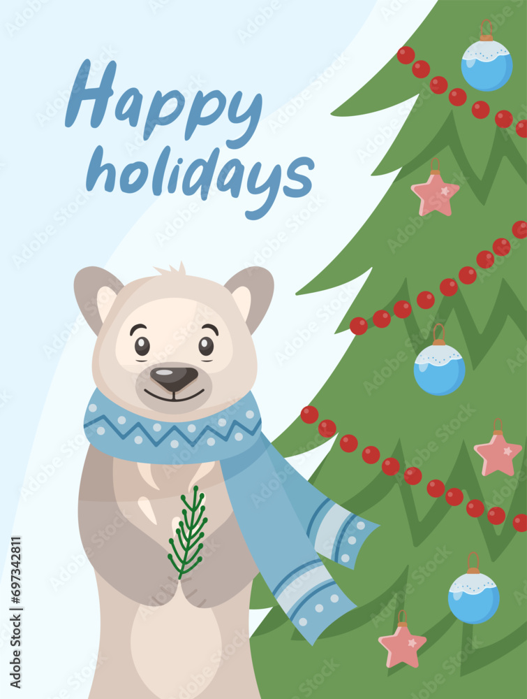 Fototapeta premium Holiday concept. New Year's bear at the Christmas tree. Portrait of a bear. Happy Holidays. Greeting concept. Ideal for print, postcard or label. New Year card. Vector illustration.