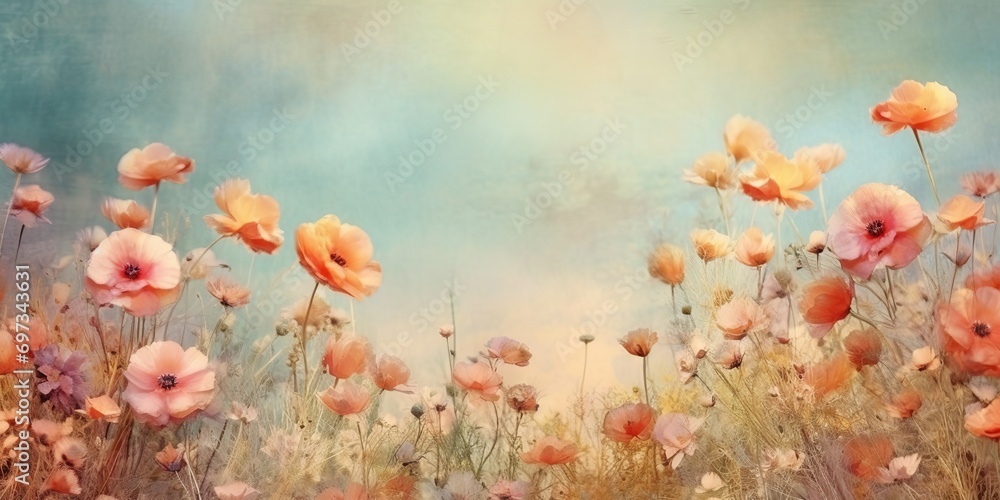 AI Generated. AI Generative. Vintage retro soft painting drawing watercolor oil floral flowers decorative bloom field wild flowers template. Graphic Art - obrazy, fototapety, plakaty 